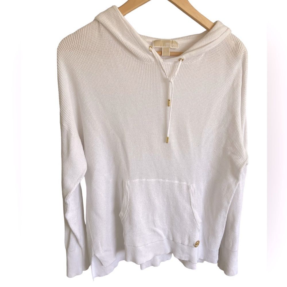 Michael Kors Women’s White Waffle Knit Sweater Minimalist drawstring Hoodie, L